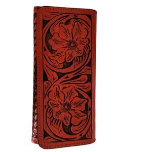 Hand tooled leather wallet trifold Red 7 1/2"x 4" BOHO Chic Mexican Artisan